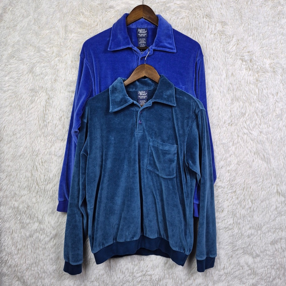Vtg John Blair Mens Velour Polo Shirt Set of 2 Blue Long Sleeve Small
